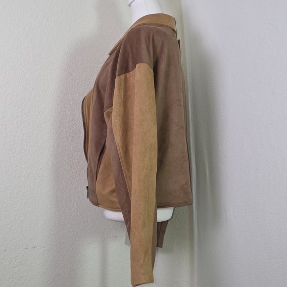 Promesa Faux Suede Colorblock Moto Jacket Women’s Lg Brown Tan Asymmetrical Zip - Picture 5 of 14